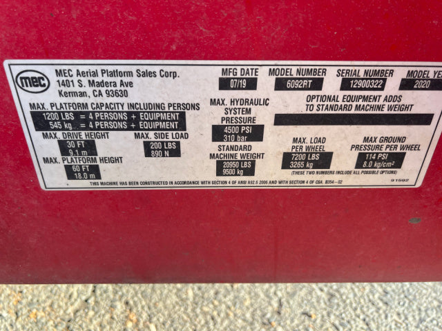 Used 2019 MEC 6092RT Scissor Lift