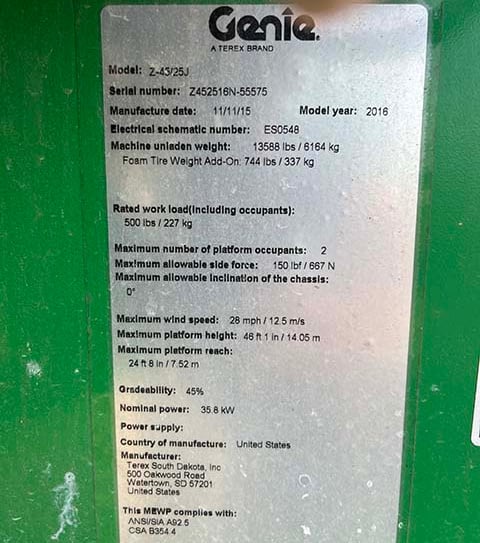 Used 2016 GENIE Z-45/25J RT Articulating Boom Lift