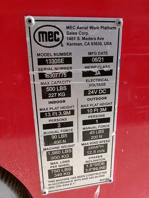 Used 2021 MEC 1330 SE Scissor Lift