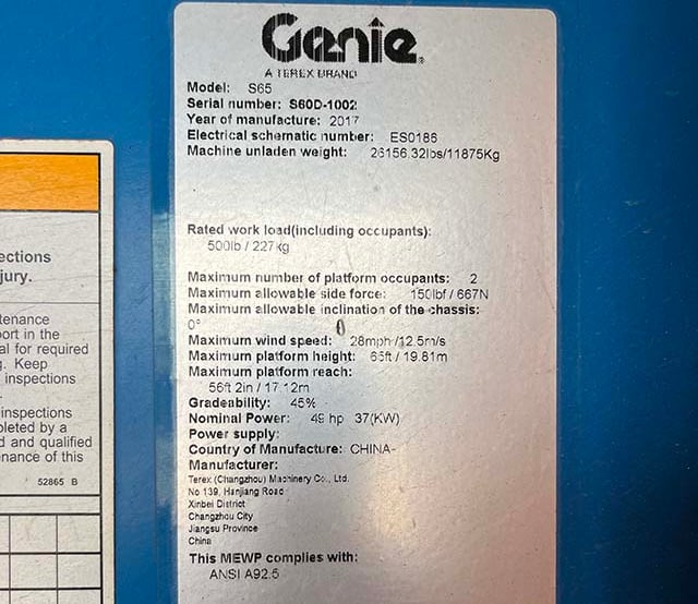 Used 2017 GENIE S-65 Telescopic Boom Lift