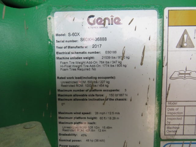 Used 2017 GENIE S-60X Telescopic Boom Lift