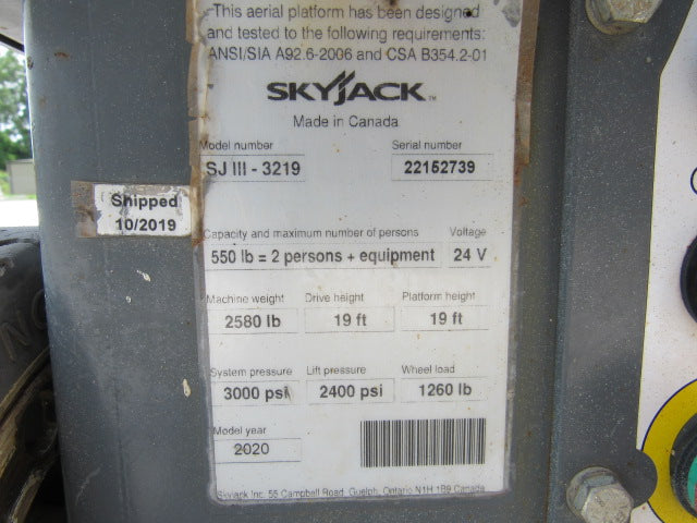 Used 2020 SKYJACK SJ3219 Scissor Lift