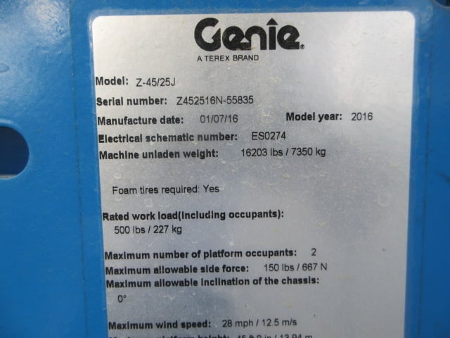 Used 2016 GENIE Z-45/25J DC Articulating Boom Lift