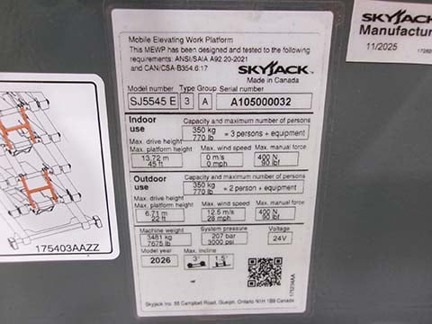 New 2026 SKYJACK SJ5545 E Scissor Lift