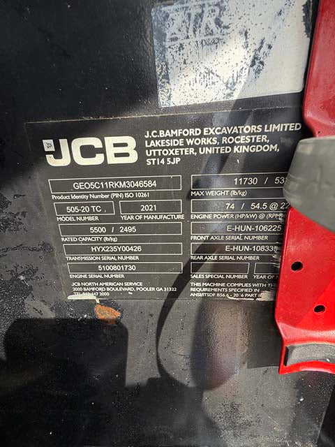 2021 JCB 505-20 TC Telehandler Forklift