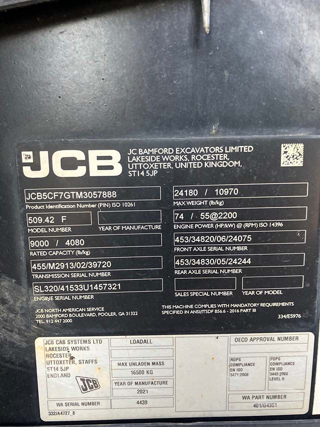 Used 2021 JCB 509-42 Telehandler Forklift