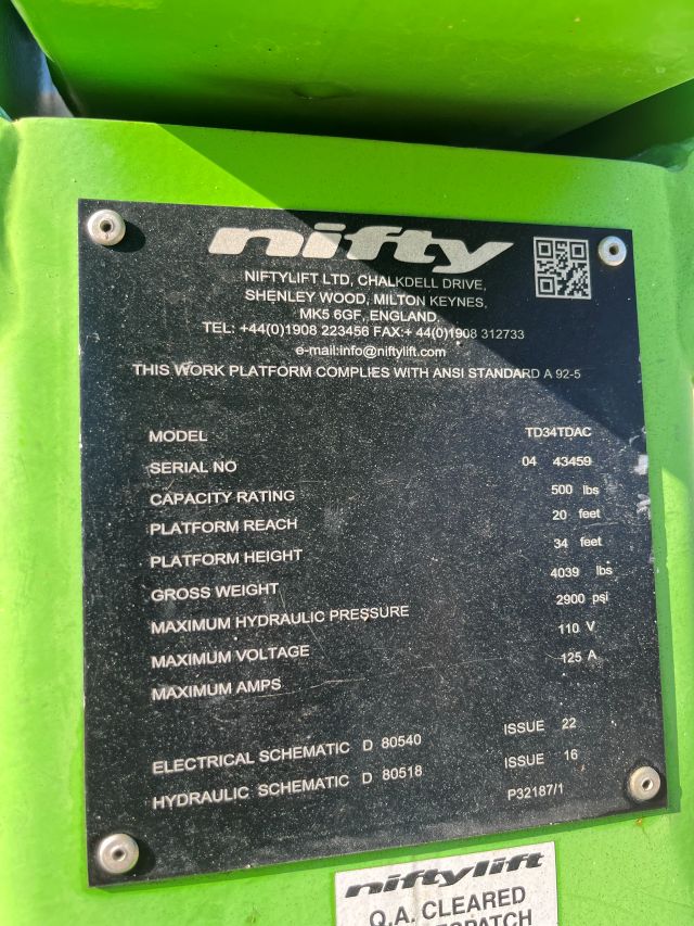 Used 2020 NIFTYLIFT TD34TDAC Tracked-Drive Boom Lift