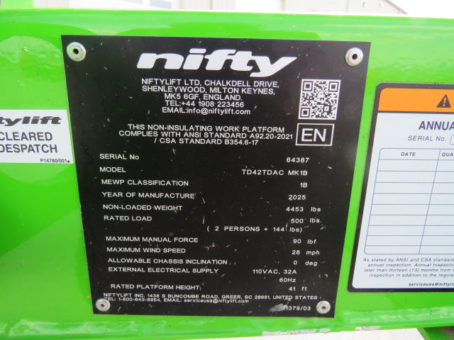 Used 2025 NIFTYLIFT TD42TDAC Tracked-Drive Boom Lift