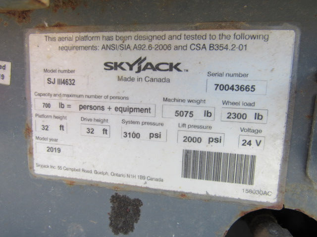 Used 2019 SKYJACK SJ4632 Scissor Lift