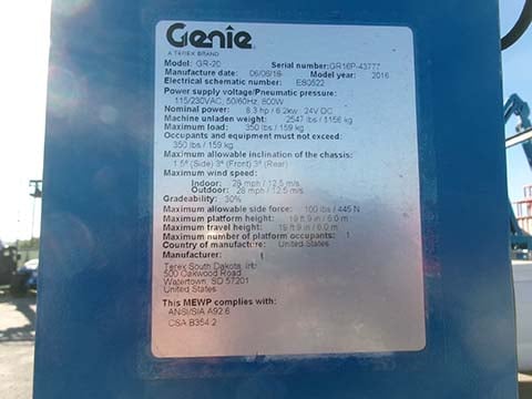 Used 2016 GENIE GR-20 Vertical Mast Boom Lift