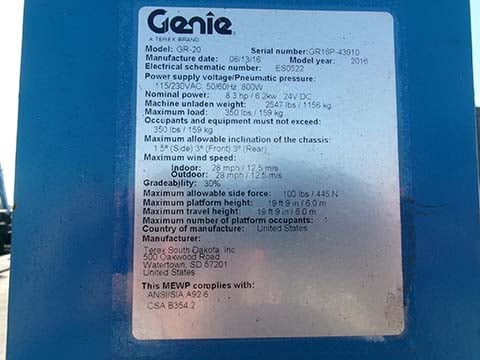 Used 2016 GENIE GR-20 Vertical Mast Boom Lift