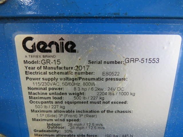 Used 2017 GENIE GR-15 Vertical Mast Boom Lift