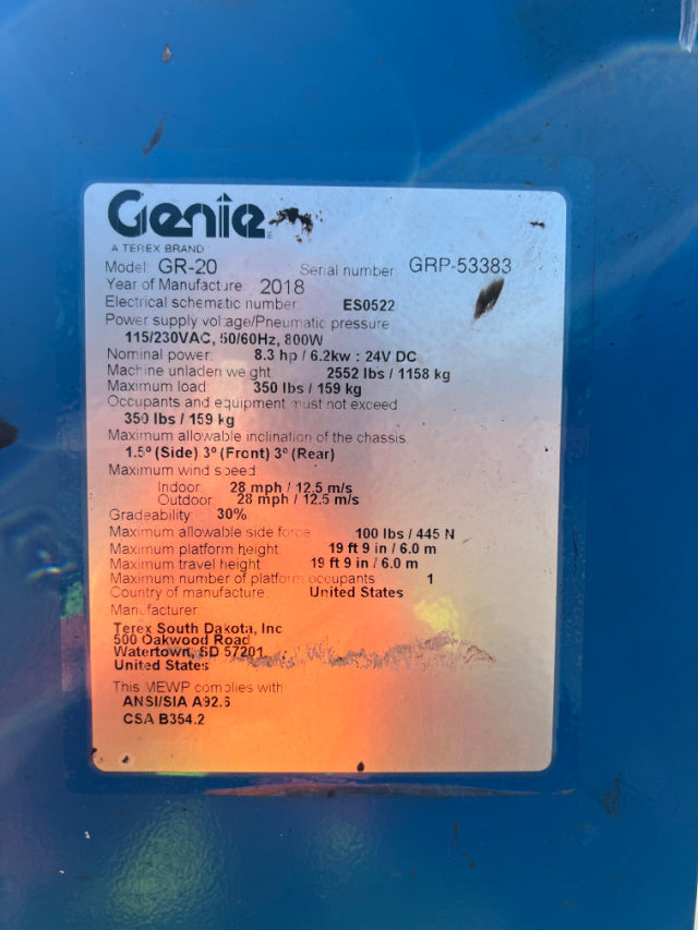 Used 2018 GENIE GR-20 Vertical Mast Boom Lift