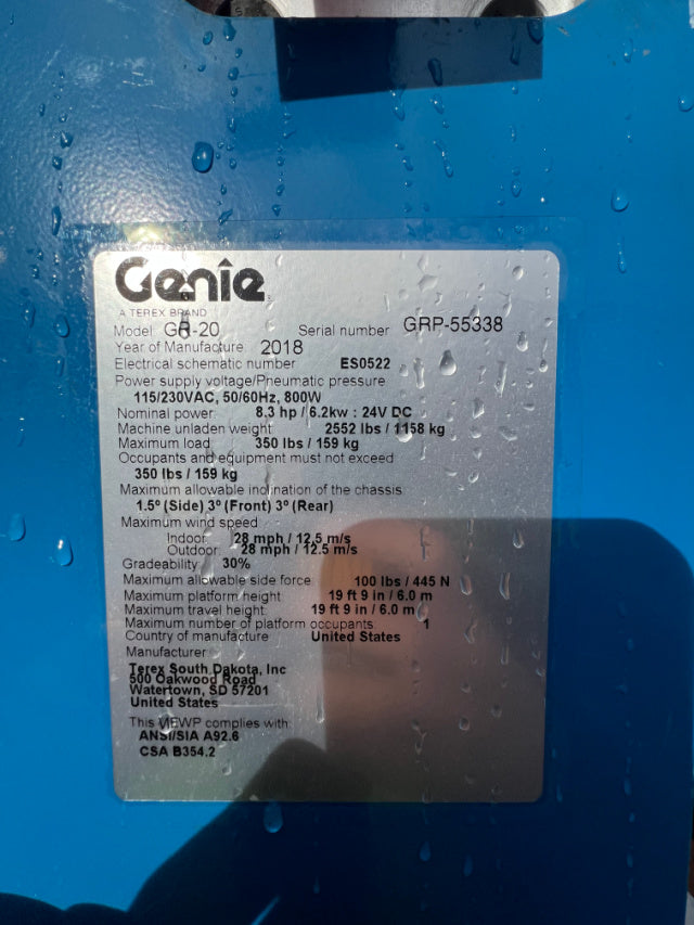 Used 2018 GENIE GR-20 Vertical Mast Boom Lift