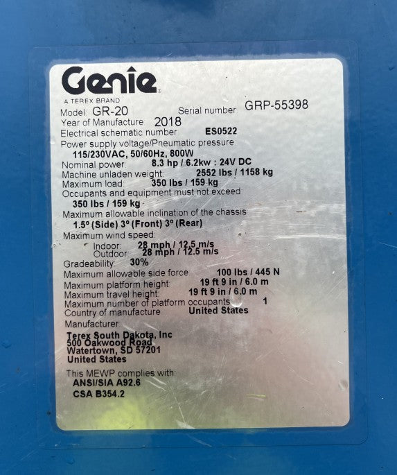 Used 2019 GENIE GR-20 Vertical Mast Boom Lift