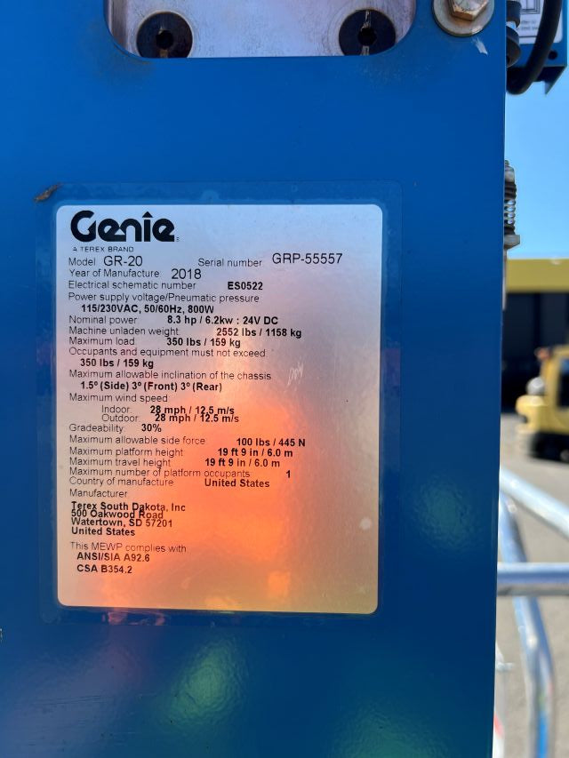 Used 2018 GENIE GR-20 Vertical Mast Boom Lift