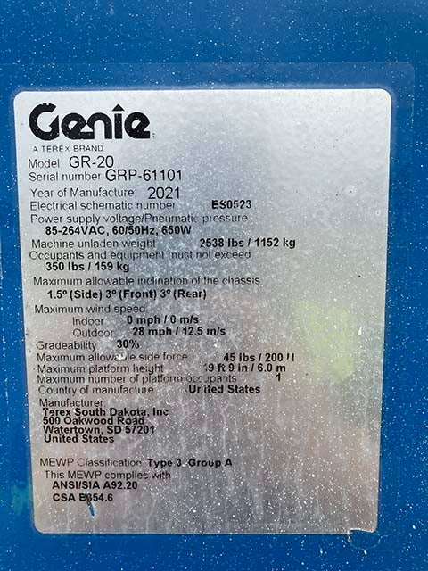 Used 2021 GENIE GR-20 Vertical Mast Boom Lift