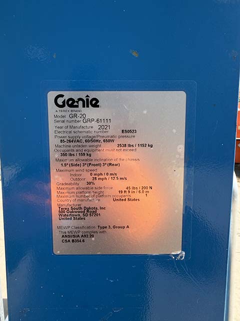 Used 2021 GENIE GR-20 Vertical Mast Boom Lift