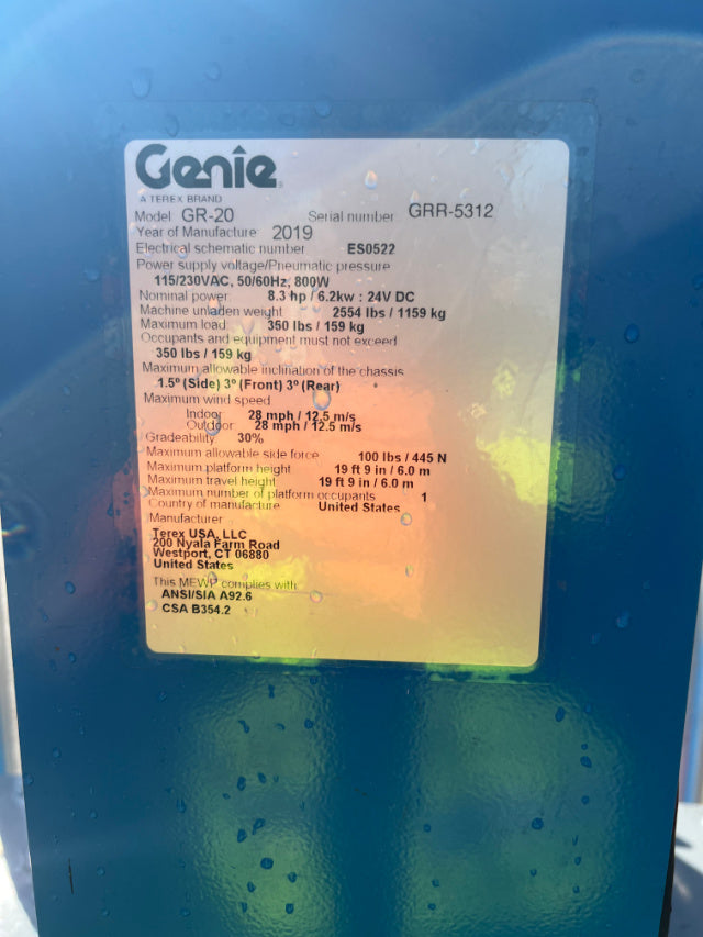 Used 2019 GENIE GR-20 Vertical Mast Boom Lift
