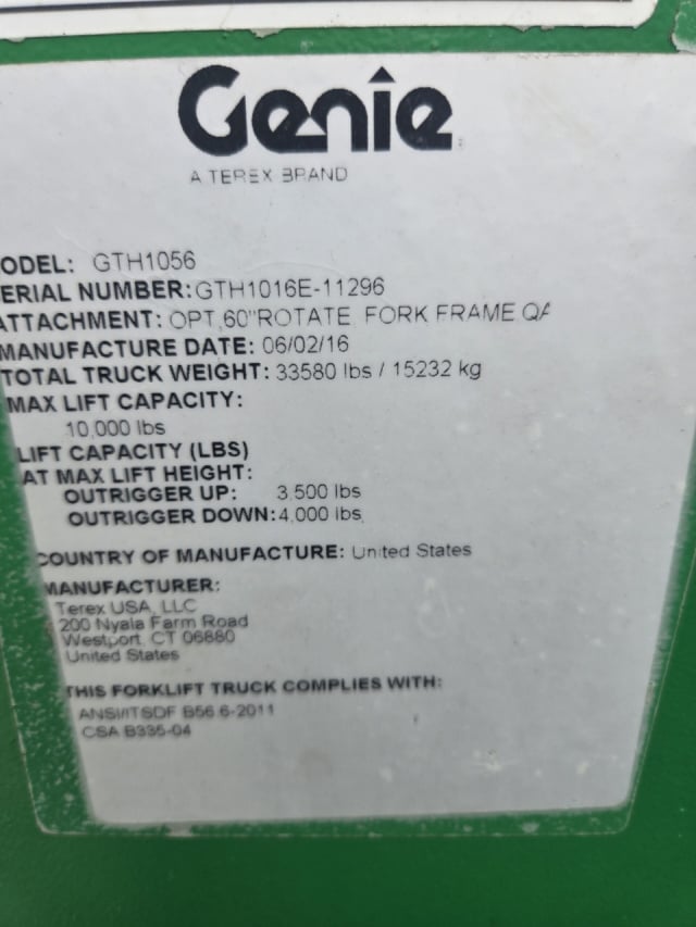 Used 2016 GENIE GTH-1056 Telehandler Forklift