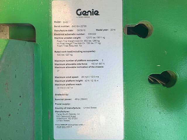 Used 2016 GENIE S-40 Telescopic Boom Lift