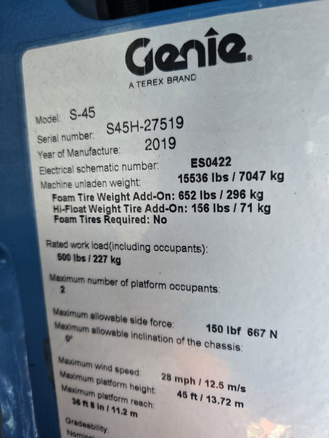 Used 2019 GENIE S-45 Telescopic Boom Lift