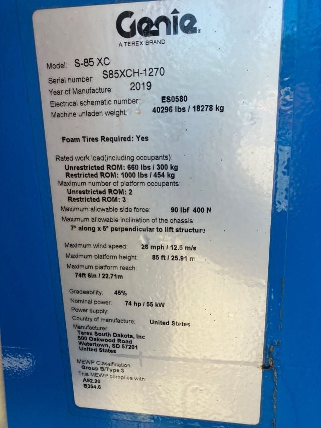 Used 2019 GENIE S-85 XC Telescopic Boom Lift