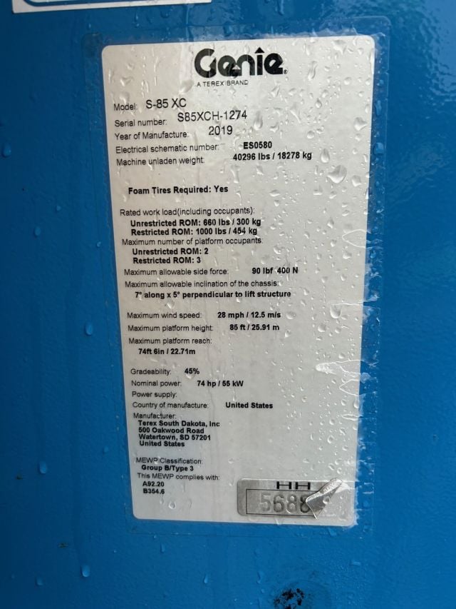 Used 2019 GENIE S-85 XC Telescopic Boom Lift