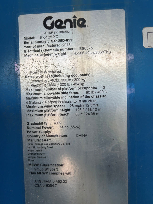 Used 2018 GENIE SX-125 XC Telescopic Boom Lift