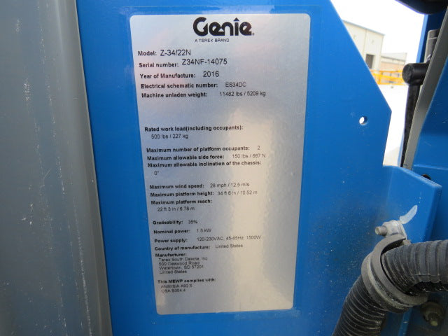 Used 2016 GENIE Z-34/22N Articulating Boom Lift