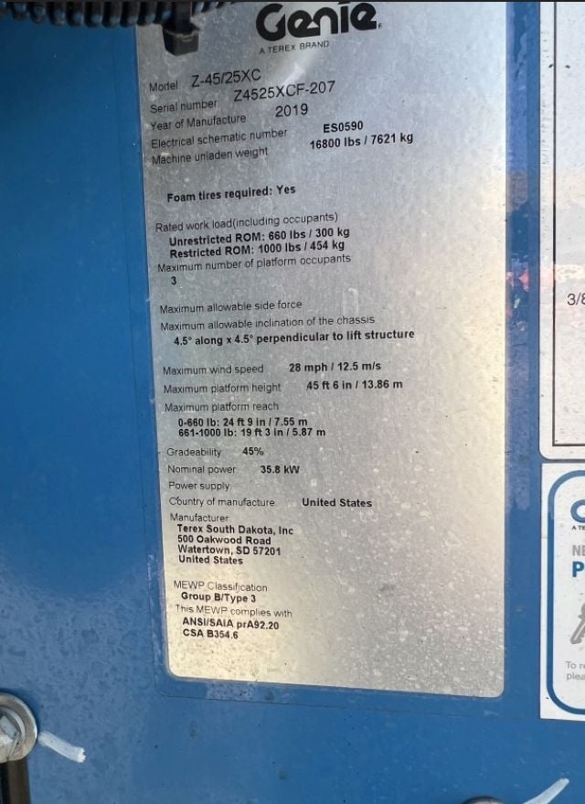 Used 2019 GENIE Z-45 XC Articulating Boom Lift