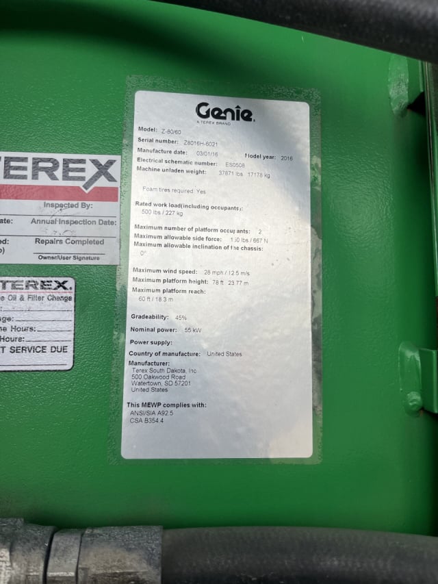Used 2016 GENIE Z-80/60 Articulating Boom Lift