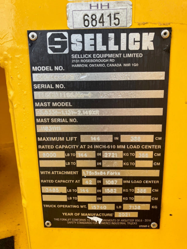 Used 2021 SELLICK S60J4E-4PS Heavy-Duty Straight Mast Rough Terrian Forklift