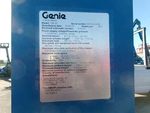 Used 2016 GENIE GR-20 Vertical Mast Boom Lift