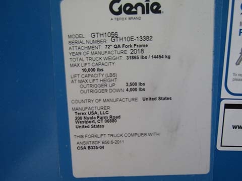 Used 2018 GENIE GTH-1056 Telehandler Forklift