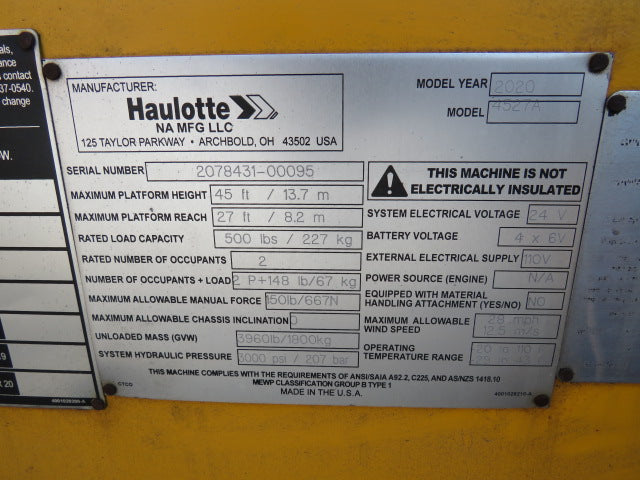 Used 2020 HAULOTTE 4527A Towable Boom Lift