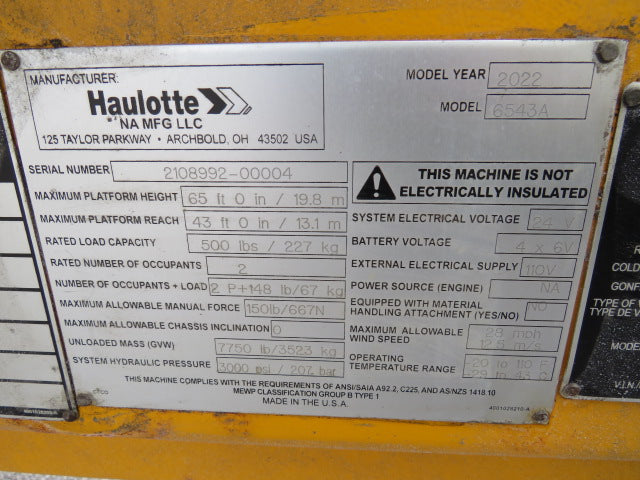 Used 2022 HAULOTTE 6543A Towable Boom Lift