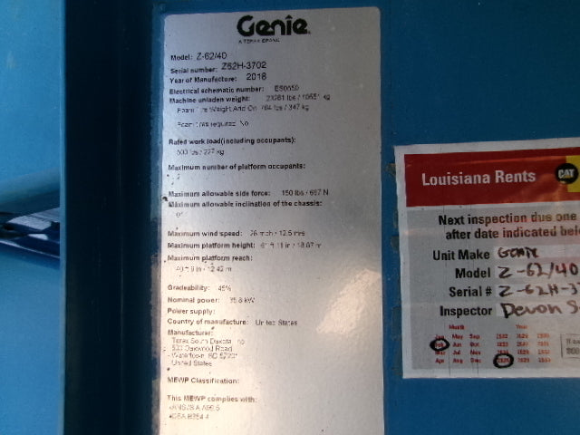 Used 2018 GENIE Z-62/40 Articulating Boom Lift