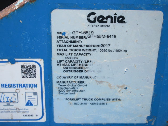 Used 2017 GENIE GTH-5519 Telehandler Forklift