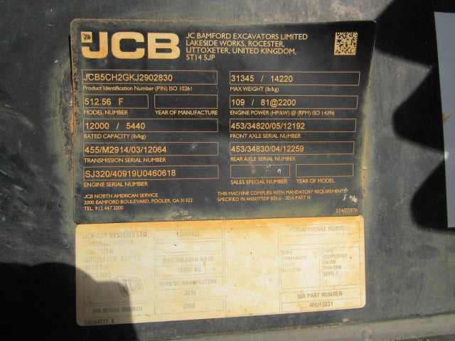 Used 2018 JCB 512-56 Telehandler Forklift