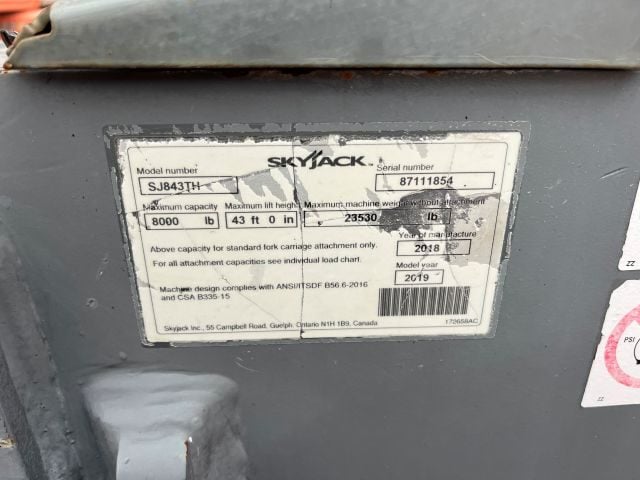 Used 2019 SKYJACK SJ843 TH Telehandler Forklift