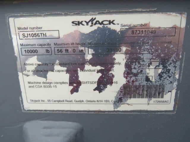 Used 2018 SKYJACK SJ1056 TH Telehandler Forklift