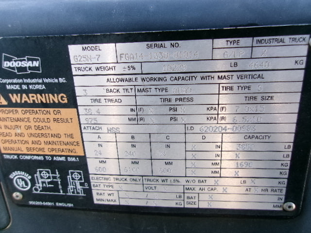 Used 2018 DOOSAN G25N-7 Straight Mast Forklift