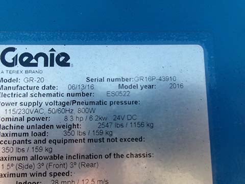 Used 2016 GENIE GR-20 Vertical Mast Boom Lift
