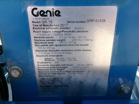Used 2017 GENIE GR-15 Vertical Mast Boom Lift