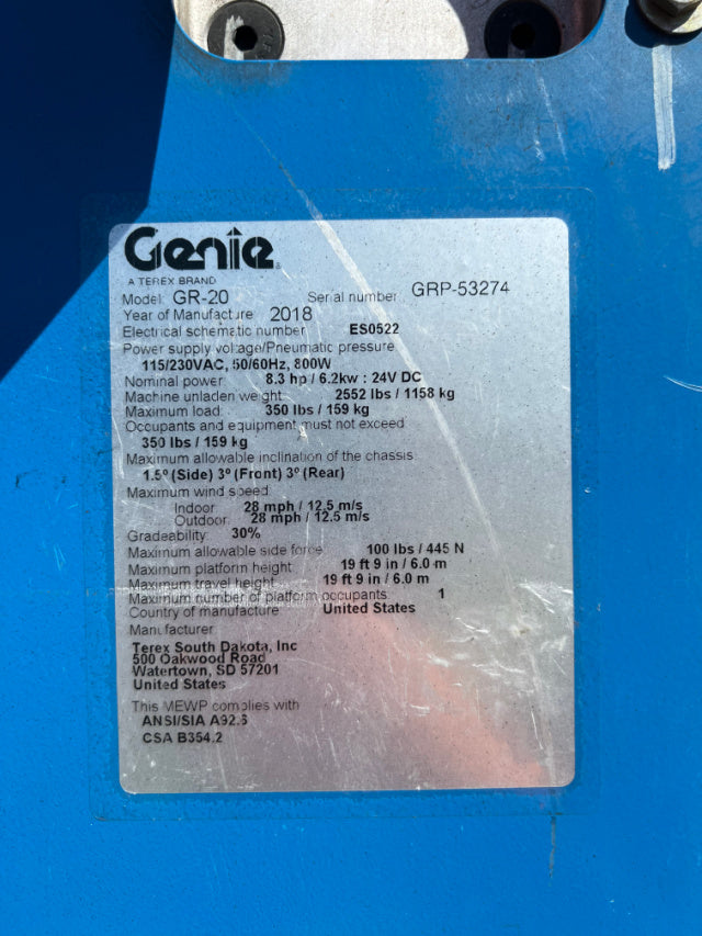 Used 2018 GENIE GR-20 Vertical Mast Boom Lift