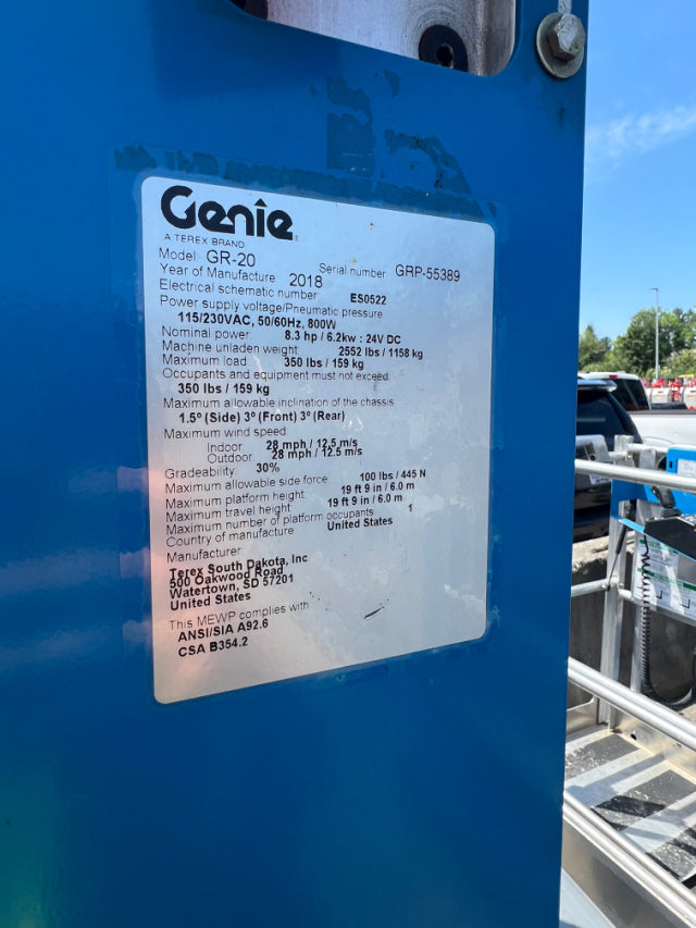 Used 2018 GENIE GR-20 Vertical Mast Boom Lift