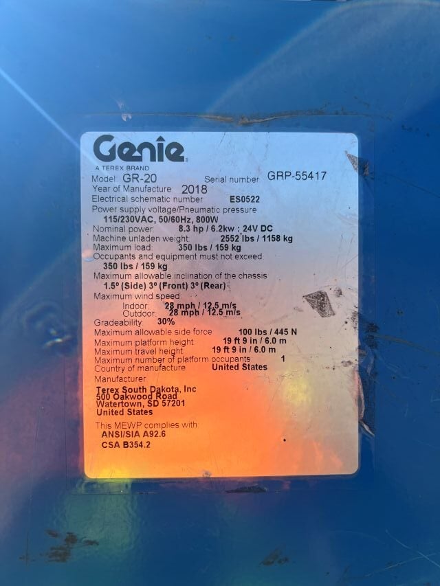 Used 2018 GENIE GR-20 Vertical Mast Boom Lift