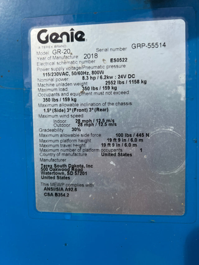 Used 2018 GENIE GR-20 Vertical Mast Boom Lift
