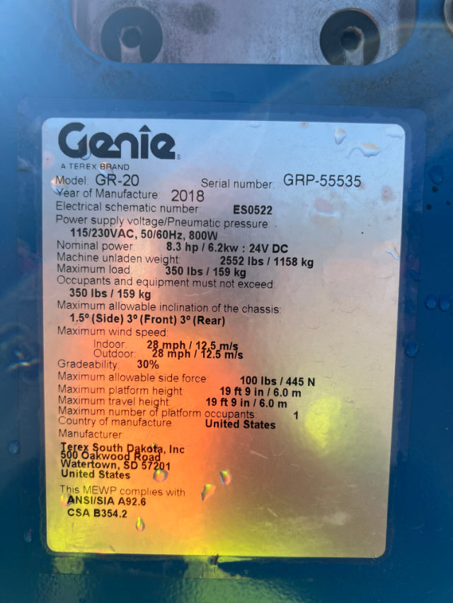 Used 2018 GENIE GR-20 Vertical Mast Boom Lift